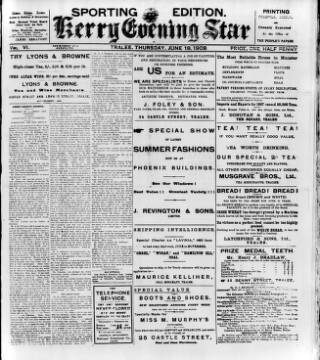 cover page of Kerry Evening Star published on June 18, 1908