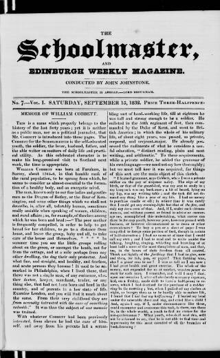 cover page of Schoolmaster and Edinburgh Weekly Magazine published on September 15, 1832
