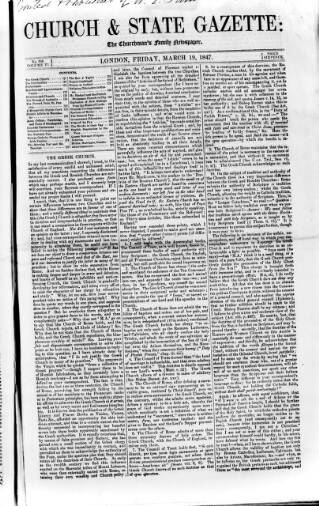 cover page of Church & State Gazette (London) published on March 19, 1847