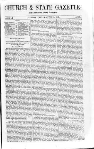 cover page of Church & State Gazette (London) published on June 18, 1847