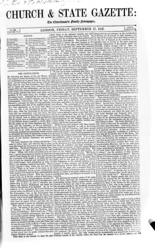 cover page of Church & State Gazette (London) published on September 17, 1847