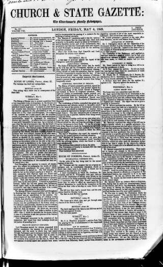 cover page of Church & State Gazette (London) published on May 4, 1849