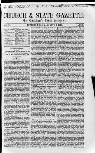 cover page of Church & State Gazette (London) published on August 2, 1850