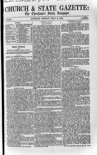 cover page of Church & State Gazette (London) published on May 2, 1851