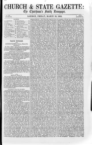 cover page of Church & State Gazette (London) published on March 19, 1852