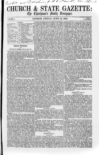 cover page of Church & State Gazette (London) published on June 18, 1852