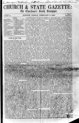 cover page of Church & State Gazette (London) published on February 2, 1855