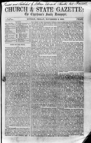 cover page of Church & State Gazette (London) published on November 2, 1855