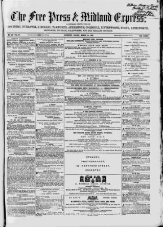 cover page of Coventry Free Press published on March 14, 1862