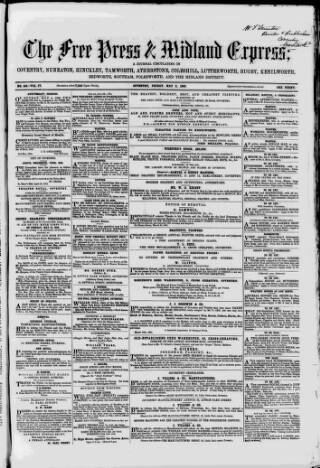 cover page of Coventry Free Press published on May 2, 1862