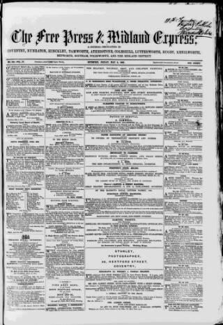 cover page of Coventry Free Press published on May 9, 1862
