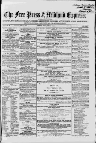 cover page of Coventry Free Press published on June 6, 1862