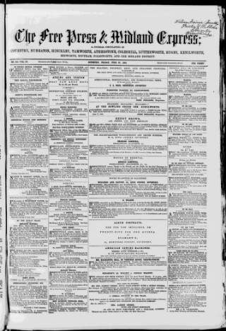 cover page of Coventry Free Press published on June 27, 1862