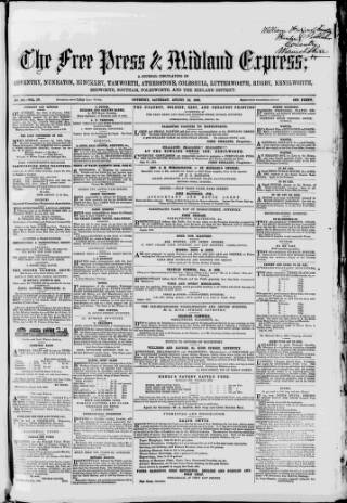 cover page of Coventry Free Press published on August 22, 1862