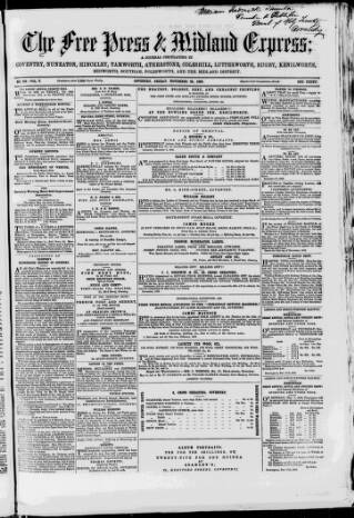 cover page of Coventry Free Press published on November 28, 1862