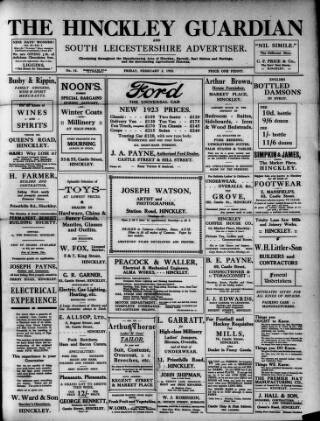 cover page of Hinckley Guardian and South Leicestershire Advertiser published on February 2, 1923