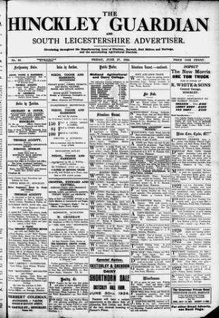 cover page of Hinckley Guardian and South Leicestershire Advertiser published on June 27, 1924