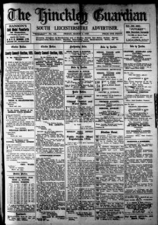 cover page of Hinckley Guardian and South Leicestershire Advertiser published on March 6, 1925