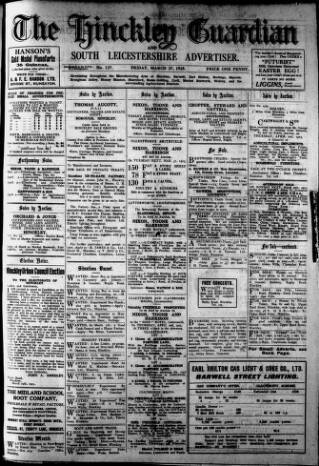 cover page of Hinckley Guardian and South Leicestershire Advertiser published on March 27, 1925