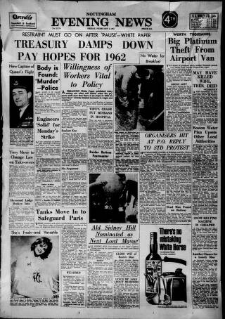 cover page of Nottingham Evening News published on February 2, 1962