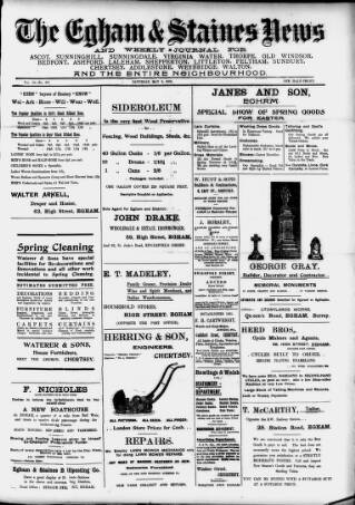 cover page of Egham & Staines News published on May 2, 1908