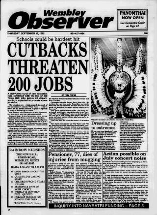 cover page of Wembley Observer published on September 17, 1992