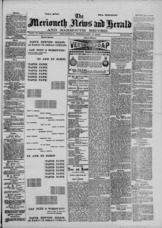 cover page of Merioneth News and Herald and Barmouth Record published on February 2, 1893