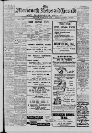 cover page of Merioneth News and Herald and Barmouth Record published on March 19, 1909