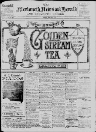 cover page of Merioneth News and Herald and Barmouth Record published on June 18, 1915