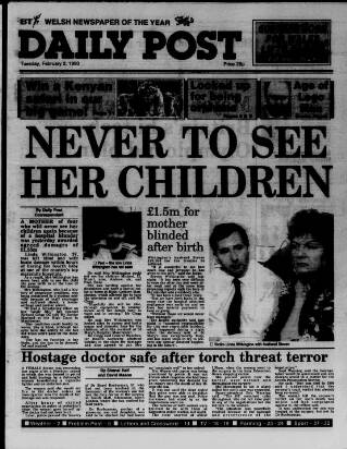 cover page of Liverpool Daily Post (Welsh Edition) published on February 2, 1993