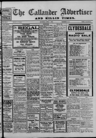 cover page of Callander Advertiser published on April 1, 1933