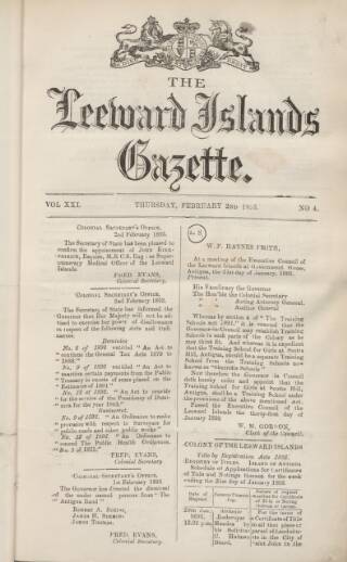 cover page of Leeward Islands Gazette published on February 2, 1893
