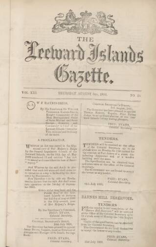 cover page of Leeward Islands Gazette published on August 3, 1893