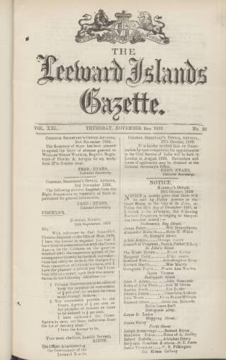 cover page of Leeward Islands Gazette published on November 2, 1893