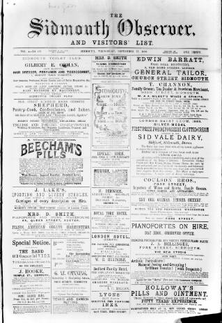 cover page of Sidmouth Observer published on September 17, 1890