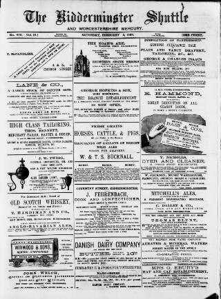 cover page of Kidderminster Shuttle published on February 2, 1889