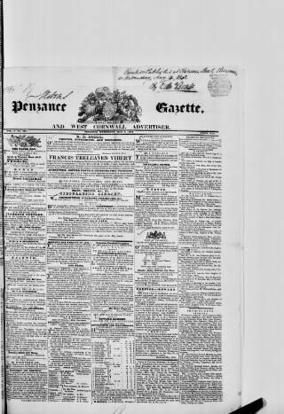 cover page of Penzance Gazette published on May 4, 1842