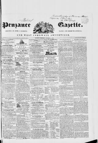 cover page of Penzance Gazette published on November 2, 1842