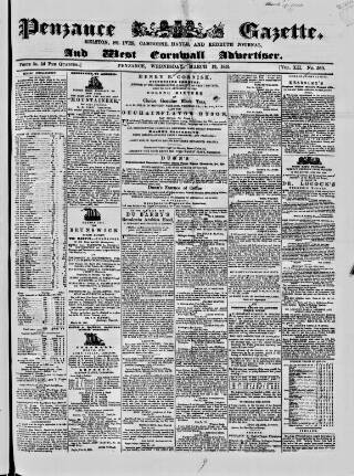 cover page of Penzance Gazette published on March 19, 1851
