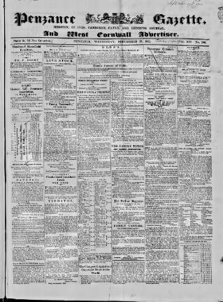 cover page of Penzance Gazette published on September 17, 1851