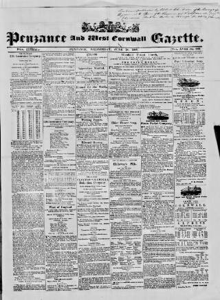 cover page of Penzance Gazette published on June 18, 1856