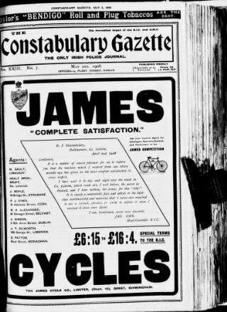 cover page of Constabulary Gazette (Dublin) published on May 2, 1908