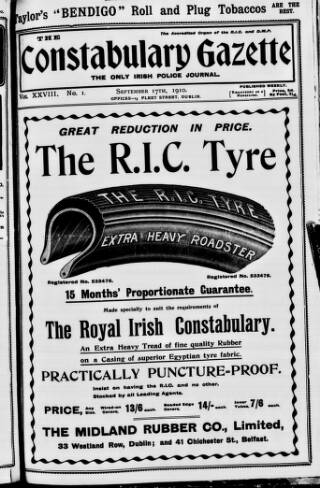 cover page of Constabulary Gazette (Dublin) published on September 17, 1910