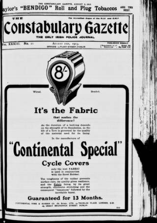 cover page of Constabulary Gazette (Dublin) published on August 2, 1913