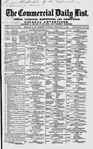 cover page of Commercial Daily List (London) published on February 2, 1869