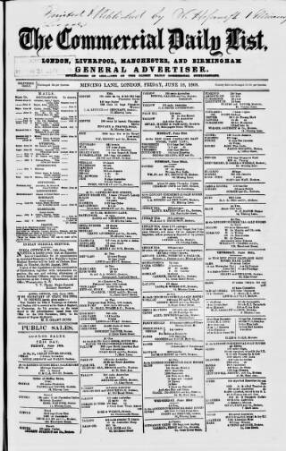 cover page of Commercial Daily List (London) published on June 18, 1869