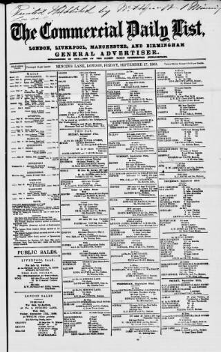 cover page of Commercial Daily List (London) published on September 17, 1869