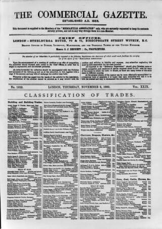 cover page of Commercial Gazette (London) published on November 2, 1882