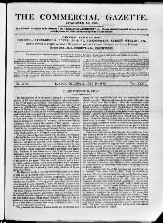 cover page of Commercial Gazette (London) published on June 18, 1885