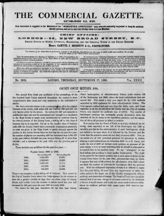 cover page of Commercial Gazette (London) published on September 17, 1885